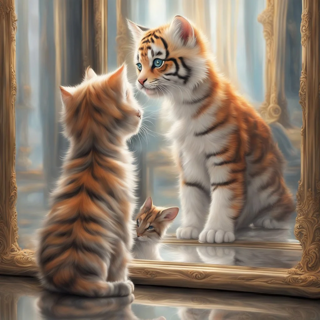 In a world full of fantasy, a little kitten stands in front of a mirror. In place of his own reflection, a majestic tiger appears. The little cat's eyes are wide in awe as she beholds the majesty of the tiger. Details like lush fur, bright orange stripes, and the tiger's intimidating gaze in the mirror create a sharp contrast to the kitten's delicate and innocent appearance Leica Q2 with Summilux 3 Photo