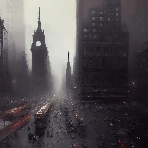 Central Square with a statue and Elevated train, traffic, Gotham city, Neogothic architecture by Jeremy mann,, point perspective