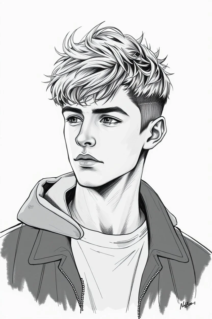 detailed manual graphic art style, youth man portrait, teenager, high detailed face, solitary vibe, modern clothes, short messy hair , atmospheric, detailed linework, highly detailed drawing, modern vibe, artwork, grayscale, no photorealism
