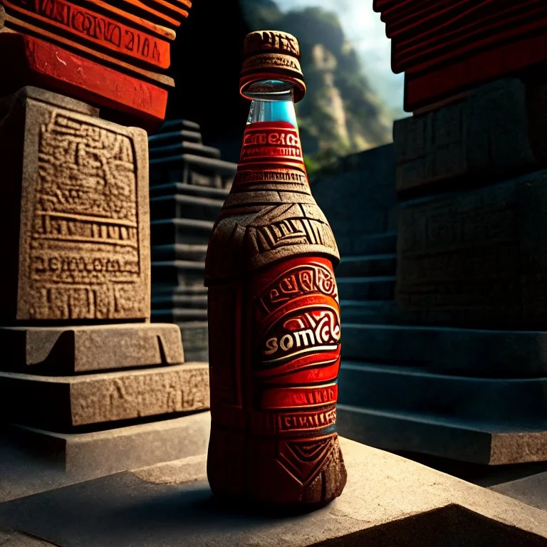 inca carved stone bottle coca cola logo, in inca temple, cinematic, photo realistic, hyper detailed