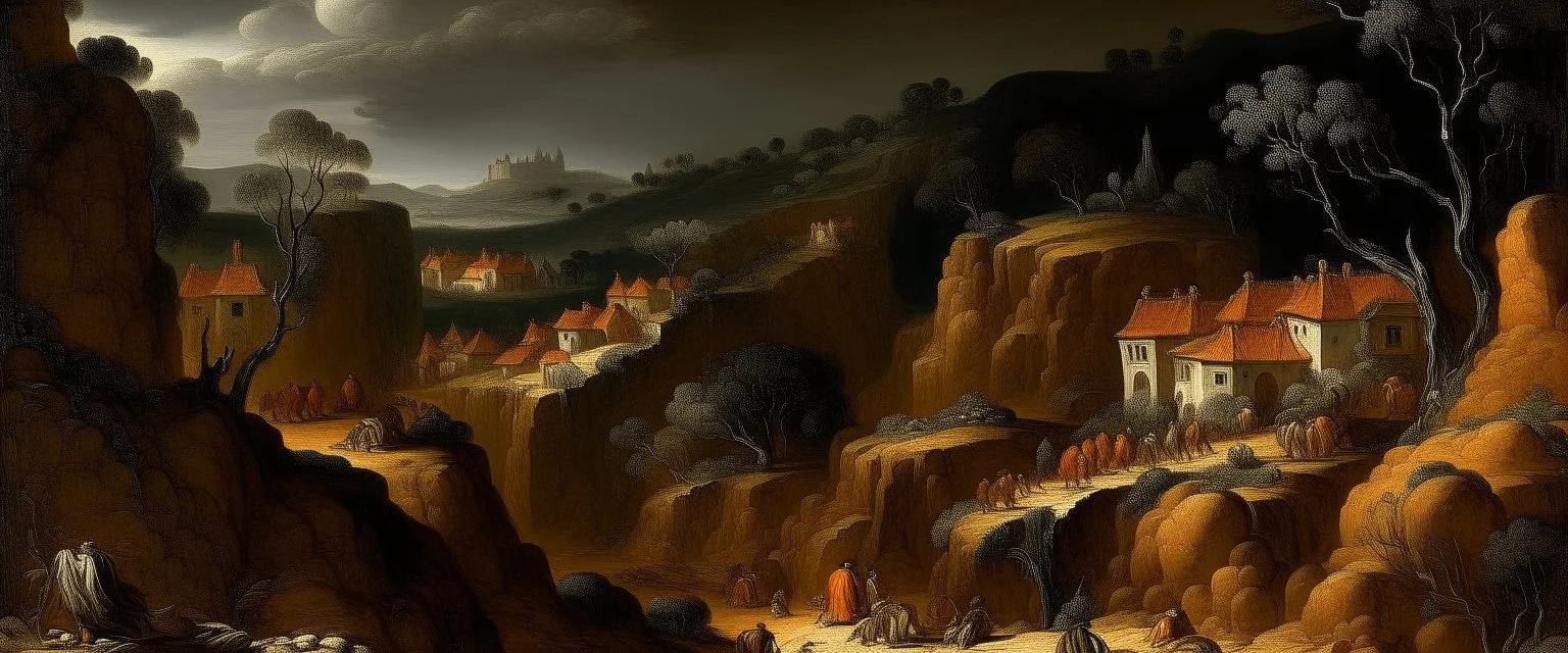A dark orange underground mine with a village painted by Giovanni Battista Sassi