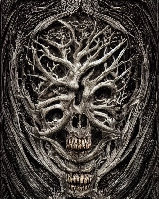 A beautiful highly detailed ancient tree with ornate intricate demon skulls grown into it, sticking out in random places, some screaming, some with glowing eyes, horrorcore made of shiny obsidian glass :: reflective, glassy :: subtractive lighting, backlit :: by John William Waterhouse, Greg Rutkowski, HR Giger :: hyperrealistic, hyper detailed, photorealistic :: epic, incredible composition, amazing depth, meticulously composed, 16k resolution concept art :: fantasy magazine cover art