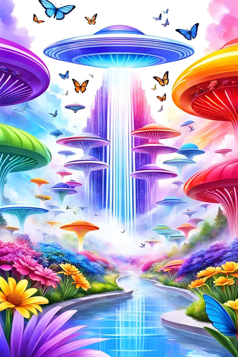 colors, very beautiful, flowers garden,rainbow, cité très futuriste ultra moderne, ufos rainbow, ufos fleet, intergalactic, birds, butterfly, cascades, falls