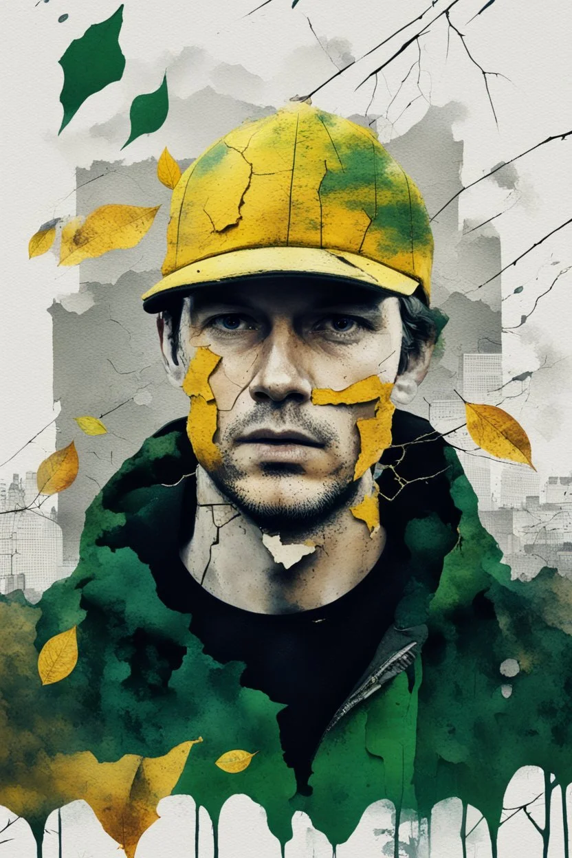 background old, cracks, yellow, torn canvas, gouache, double exposure, man, baseball cap, 40 years old, fine drawing, blots, newspaper scraps, leaves, green, autumn, rain, city, branches, 8K, double exposure