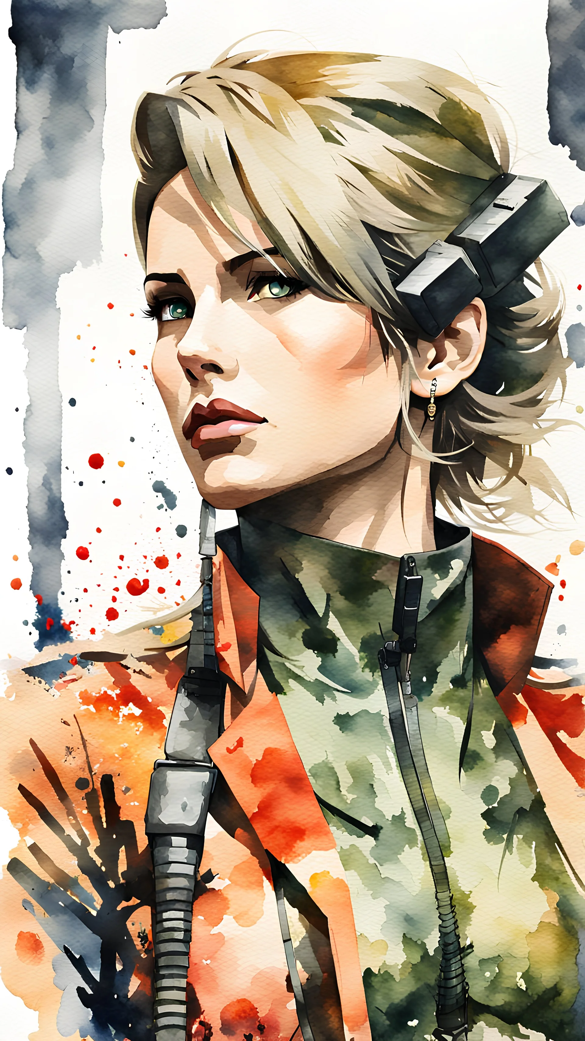 Masterpiece painting of Mercury Lady from Metal Gear Solid 3: Snake Eater, watercolor style, ultra detailed character, simple background, Professional Quality watercolor painting, full body shot, vibrant colors.