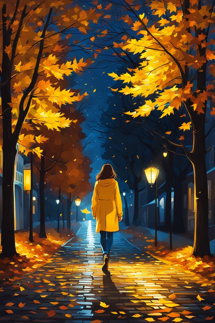 night yellow lights over the street trees autumn leaves under feet ,a Student adult girl with books in her hand walking in street turned back to talk to a boy walks after her few meters away her back