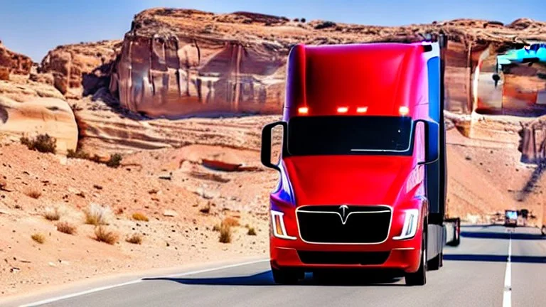 A Tesla semi-truck is racing at top speed, at Petra, in Jordan. CINEMATIC. WIDE ANGLE LENS.