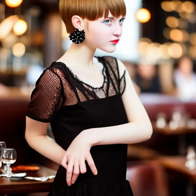 Russian boyish boylike female figure short man's haircut boyish face boyish features in black girlish lacy cocktail dress earrings in restaurant