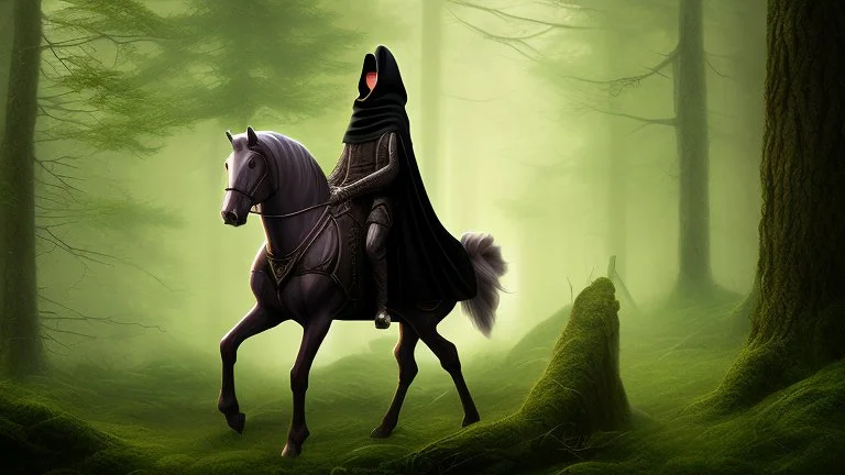 Dark robed wizard on a horse in the forest