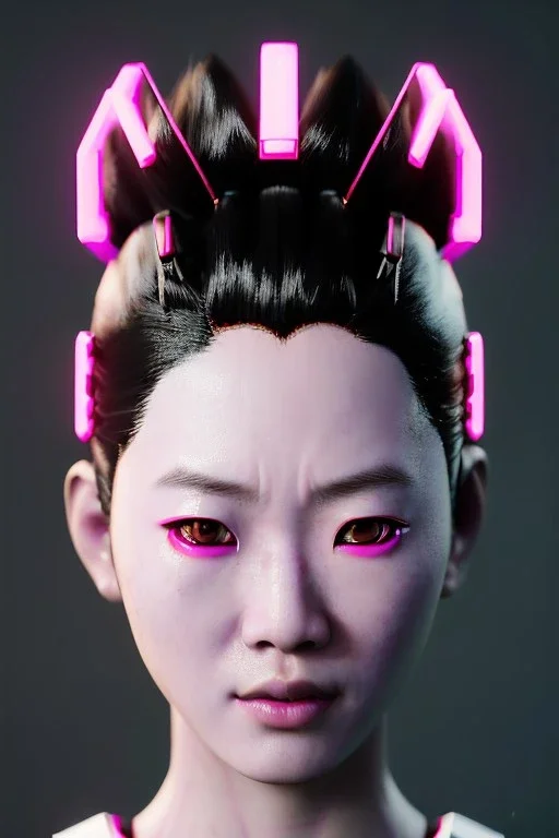 portrait, Asian cyborg woman, samurai warrior :: symmetry photography, cyberpunk style, pink hair, makeup, line eye, light iris, :: black samurai armor, japanese traditional pattern, wires and circuits, pink, white, black :: cinematic, Ultra realistic, dark scene, soft color, highly detailed, unreal engine 5, RTX, ultra detail, 3d, finely drawn, high definition.