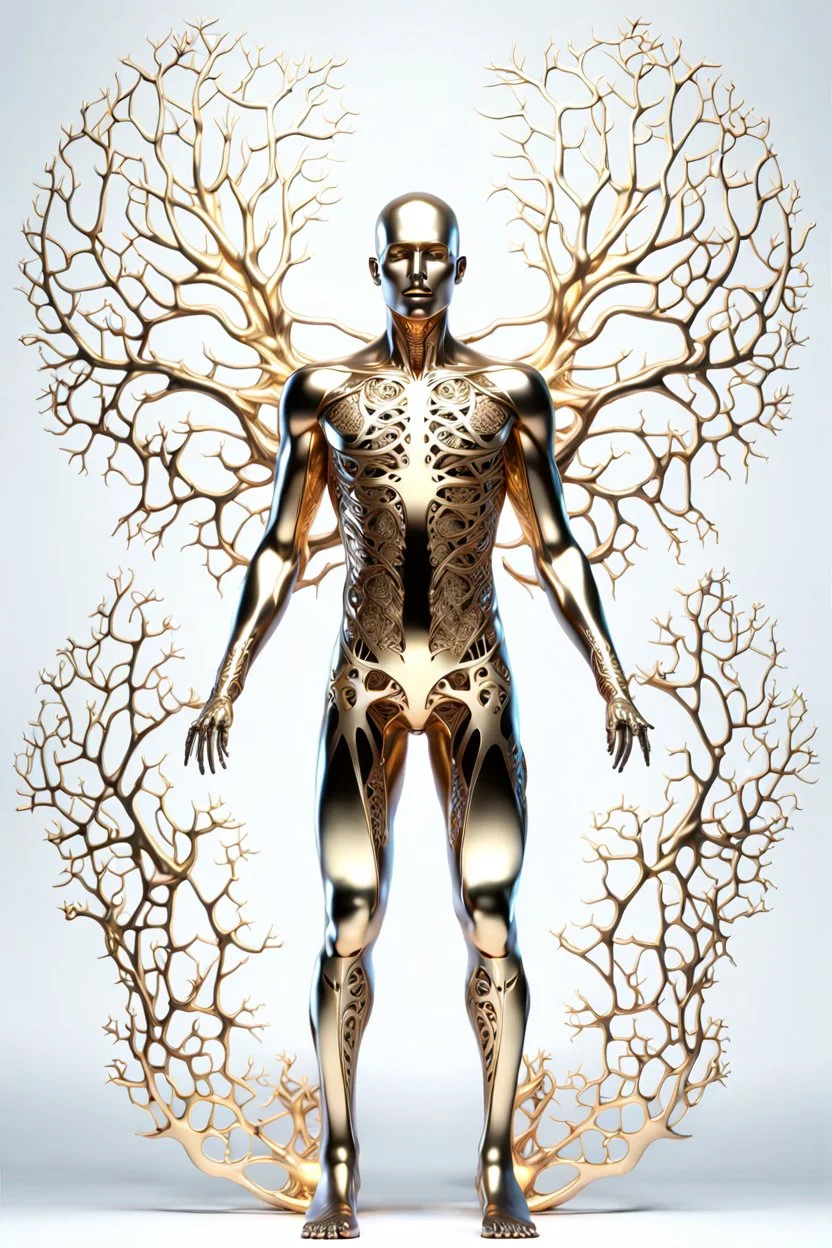 3D rendering of Expressively detailed and intricate of a hyperrealistic “ man’s body”: front view, scientific, single object, glossy white, shinning gold, vines, tribalism, black background, shamanism, cosmic fractals, octane render, 8k post-production, detailled metalic bones, dendritic, artstation: award-winning: professional full body : a with head looks up , atmospheric: commanding: fantastical: clarity: 16k: ultra quality: striking: brilliance: stunning colors: amazing depth,