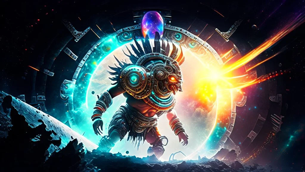 photorealistic Mayan warrior cyborg marauder opalescent space gigantic monster, interstellar galactic particles stream event horizon, entering a quantum wormhole with great exoplanet crashing, blackhole