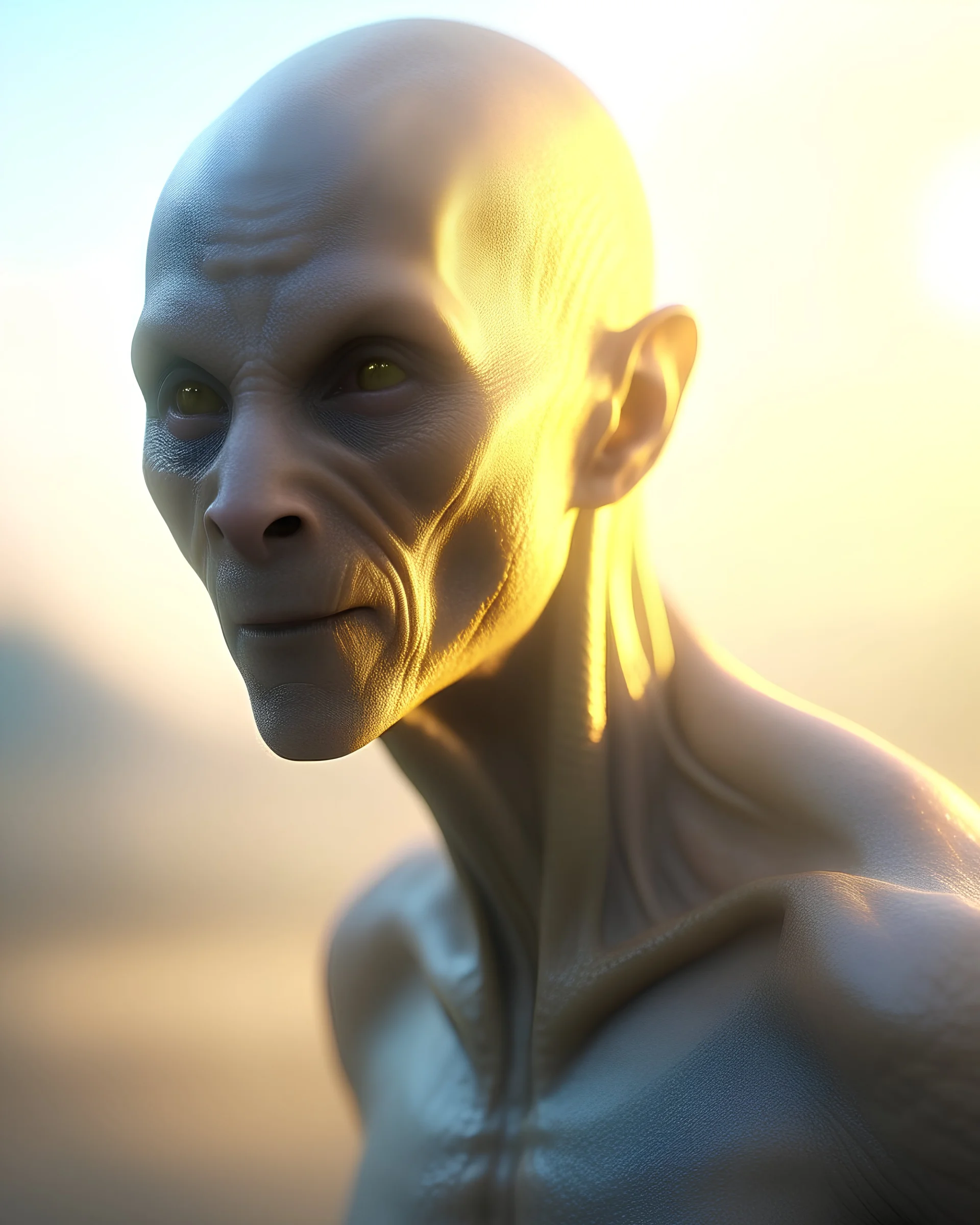 Photoreal Gorgeous dreadful muscular Ripley Scott alien with white glowing eyes in mystic fog at golden hour by lee jeffries, 8k, high detail, smooth render, unreal engine 5, cinema 4d, HDR, dust effect, vivid colors