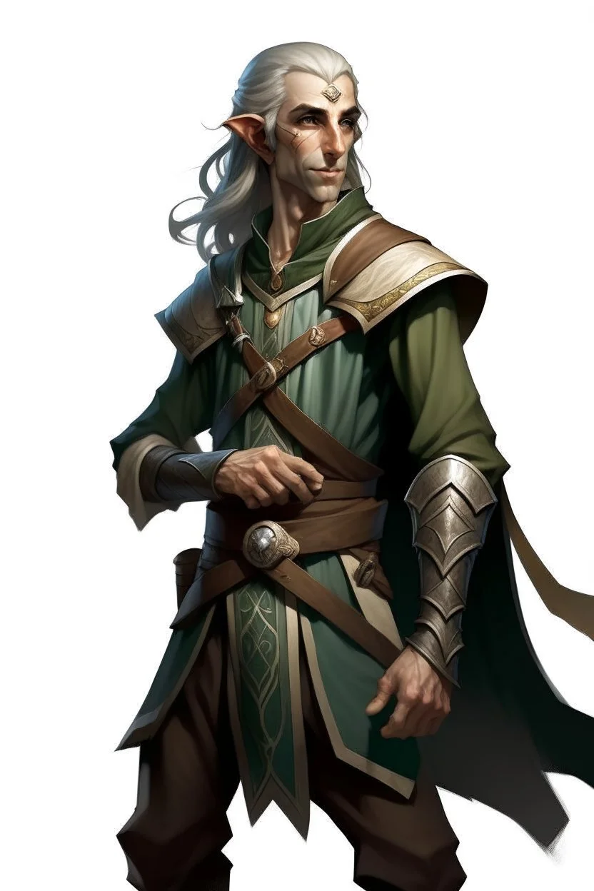 middle aged high elf ranger wearing medieval clothes with hands behind his back