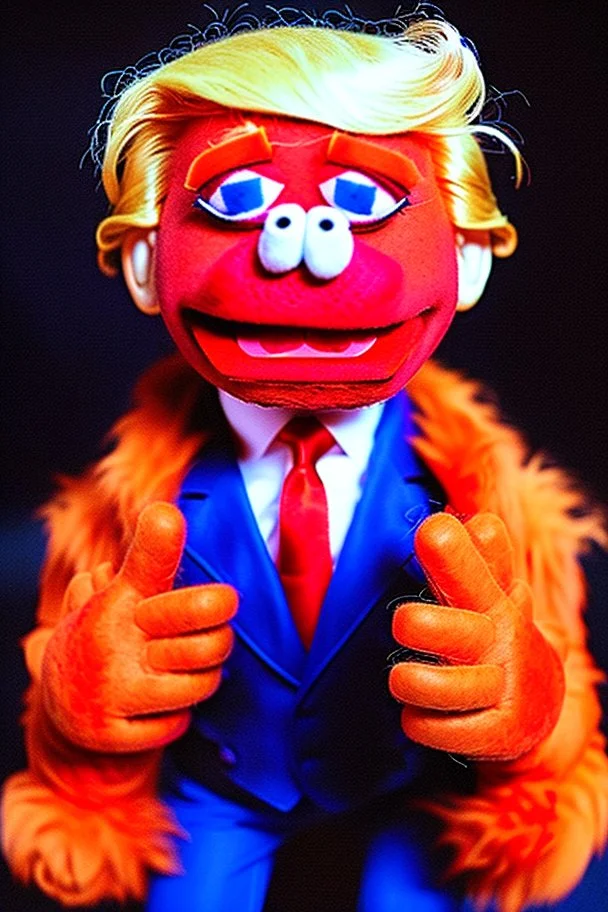 a Film Photograph of an orange Donald Trump Muppet made of felt and fur wearing a dark blue suit and red tie, lips are pursed