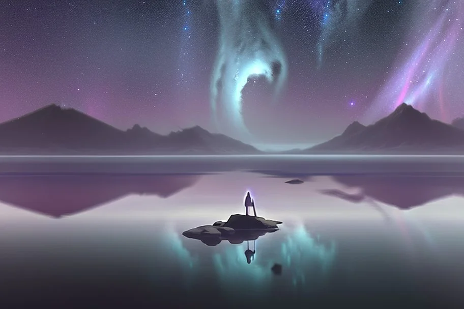 Person seeing a Magic infinite mirror in the misty lagoon, that reflects galaxy, misty landscape