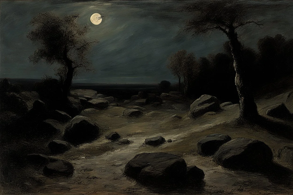 Night, rocks, trees, begginer's landscape, friedrich eckenfelder, and willem maris impressionism paintings