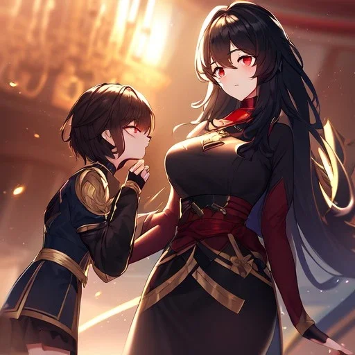 Clear Focus, High resolution, black medium fluffy hair, red eyes, wearing a red collar, wearing a black shirt that is half black and half gold, one sleeve is golden and the other is black, wearing a short black skirt with gold at the bottom, black fingerless gloves, long golden stockings