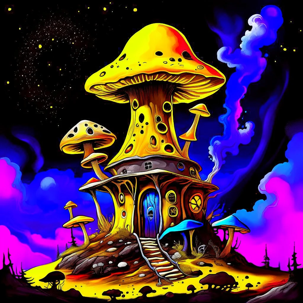 A fantabulous black, yellow, and blue (((mushroom tower house))) erected atop a (geologic pillar), surrounded by the uncanny imaginative ((( swirling skies))), offset by the stark hues of a (neon-tinged nebulous space scape), within. captured by the hand a skilled master painter with a focus on (softly blurred compositions and voluminous lighting).