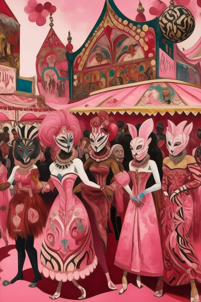 A pink casino themed carnival designed in African masks painted by Edgar Degas