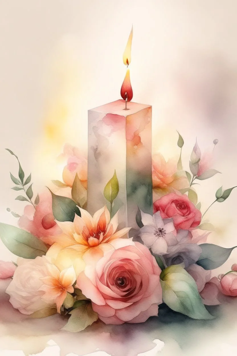 MAGIC A PYRAMID CANDLE IS BURNING AROUND WONDERFUL FLOWERS English watercolor, Smoky cream, pale gray, pale pink, pink background. bright light, a bouquet of roses on the table are pale pink, pale bordeaux, white, ochre. green stems, the light is translucent. Watercolor, fine ink drawing,