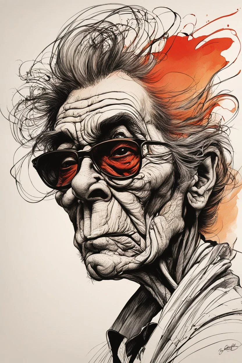 create an ancient blind female with highly detailed and refined facial features, raggedly clothed in the caricature cartoon style of Gerald Scarfe and Ralph Steadman, precisely drawn, boldly inked, vividly colored, 4k