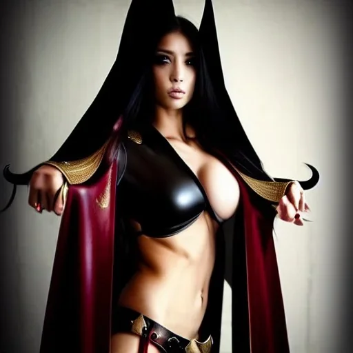 Ultra realistic, beautiful woman, long hair, 8-pack abs, black robe, evil, long nails, dark red and gold leather armour, magic, hung