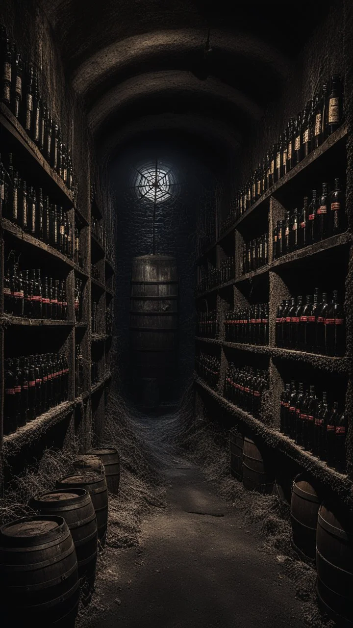 An old winery with a lot of old big wine Barrels laying horizontally on a shelf in a dark room , a few bottles of red wines with and old labels and spider webs on old broken shelf’s in side a dark abandoned underground dark room with a little dim touch on the wall, scary, dramatic, mysterious ambiance