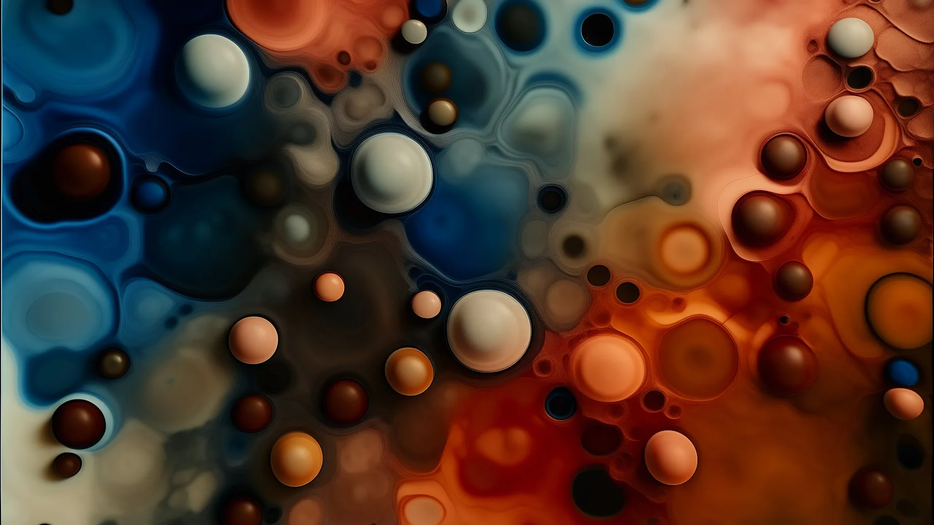 Abstract surface with diffused pigments and rounded cavities clustered on one side.