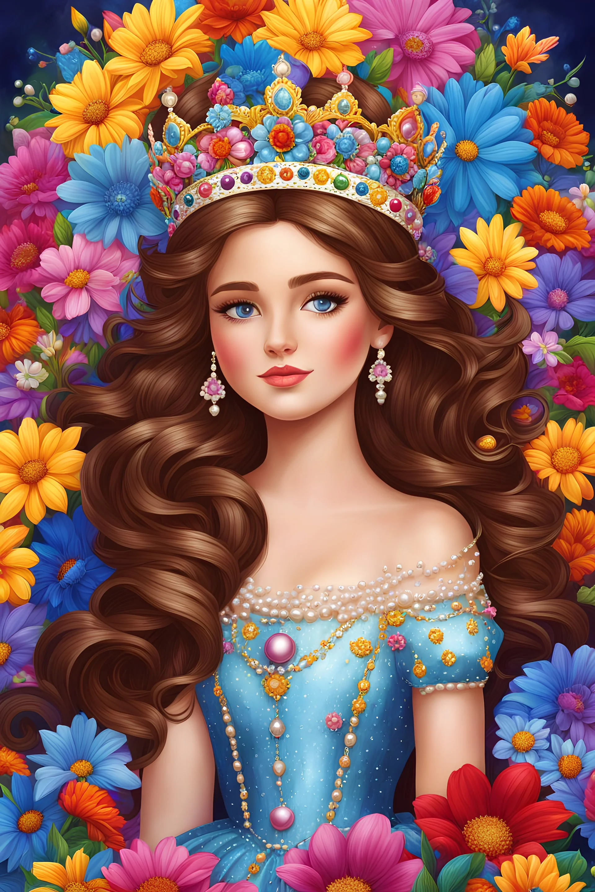 "Draw a beautiful princess with shiny brown hair lying on a bed of colorful flowers. She has hazel eyes, a blue dress covered in pearls, and a crown made of bright flowers on her head. Use lots of vibrant colors and make the illustration very detailed and high-quality."