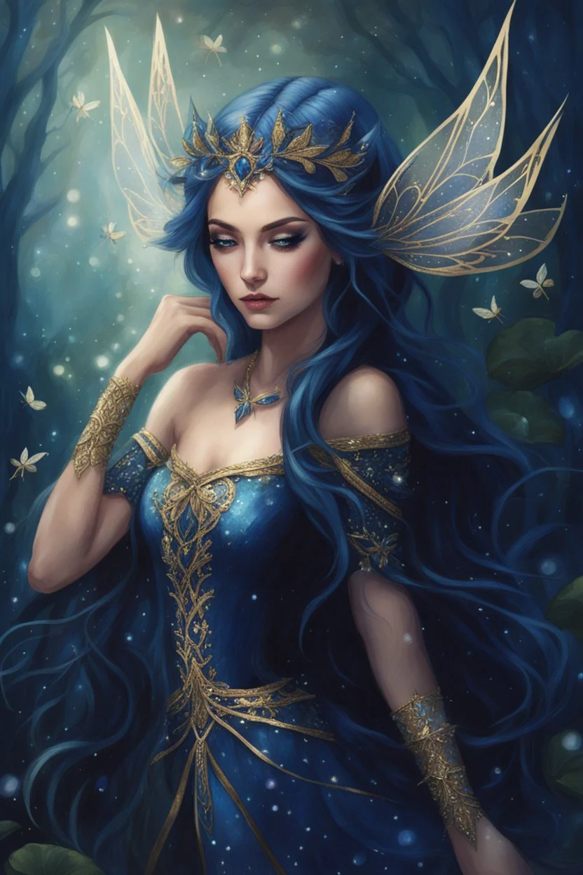 Midnight blue,Dark blue hair,night,dark fairy princess ,elven crown,elven ears,sparkle,glitter,gold armor,dragonflies,rapunzel hair,water lilies