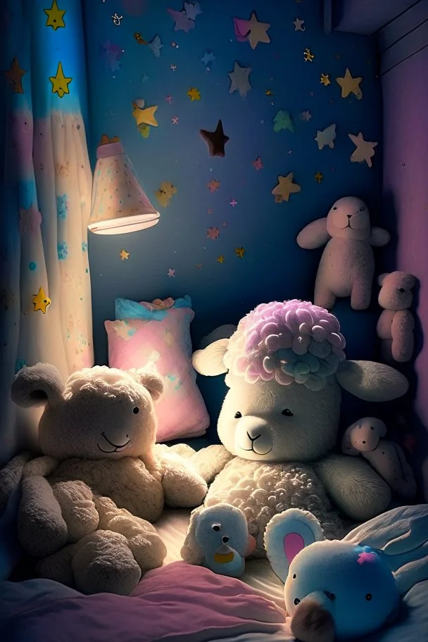 In a cozy child's room, nestled between colorful walls and fluffy pillows, lived a group of enchanting toys who magically came to life each night. Plushie the Sheep, Stardust the Star, Bubbles the Bunny, and Snuggles the Teddy Bear were the best of friends.