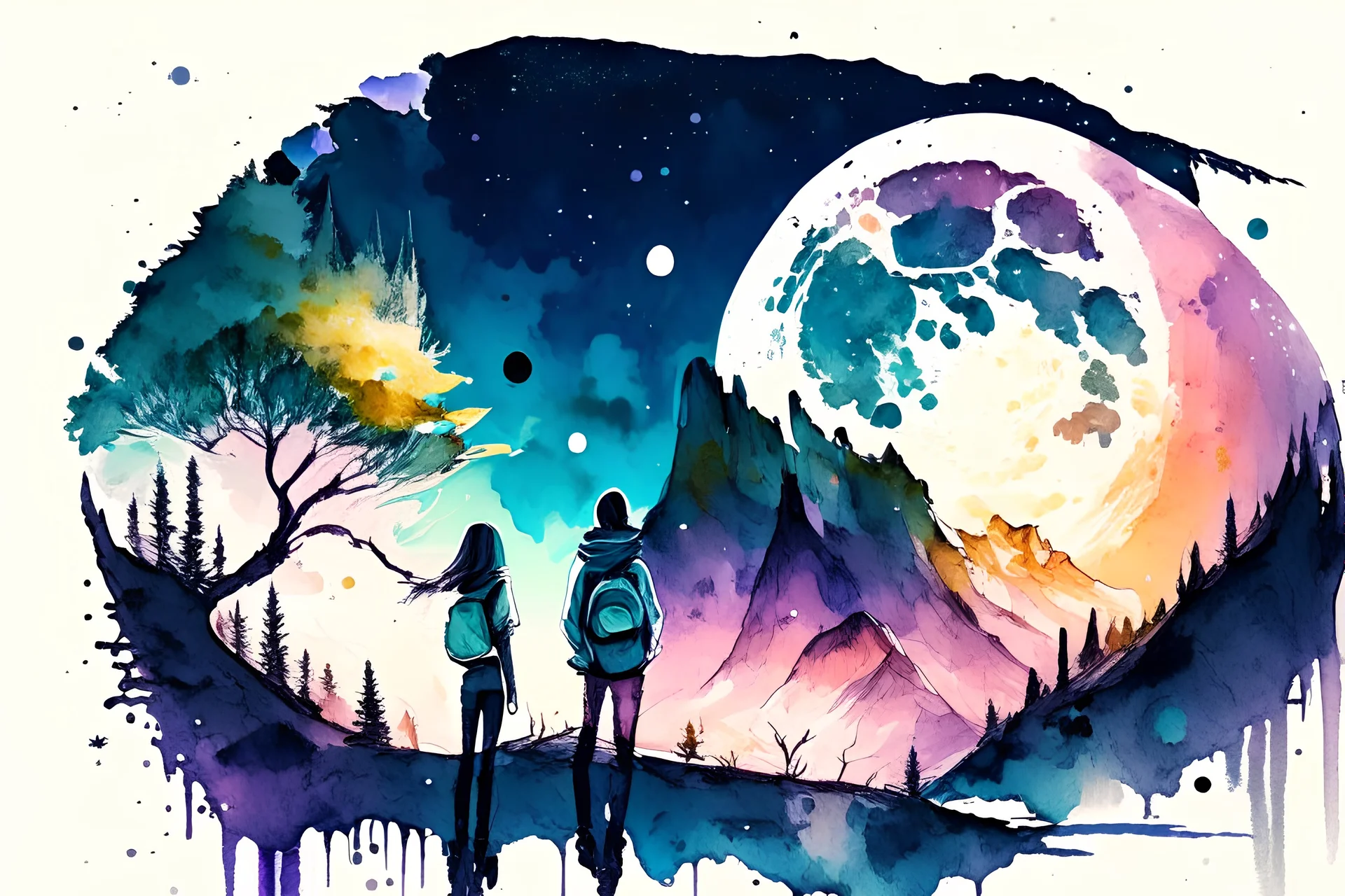 illustration concept art water color style for teenagers in other planet watching the moon and mountains having adventure two teenagers mystery weird cretures trees exiting