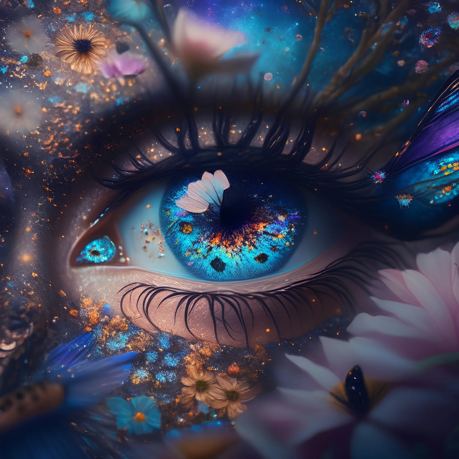 universe in eyes, enchanted Witch, aura of flowers, butterflies everywhere, intricate, 8k, macro photography