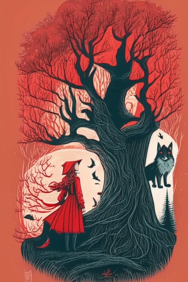 in a cosy vintage style, a beautiful witch marvels at a red tree with a wolf nearby