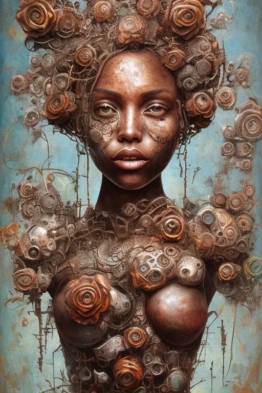 an abstract painting of rusted metal and flowers, heart filled with love African slave lady working, rust, scaffolding, iron cladding, decay, mixed media, textured, anatomically correct, beautiful perfect face, sharp focus, highly detailed