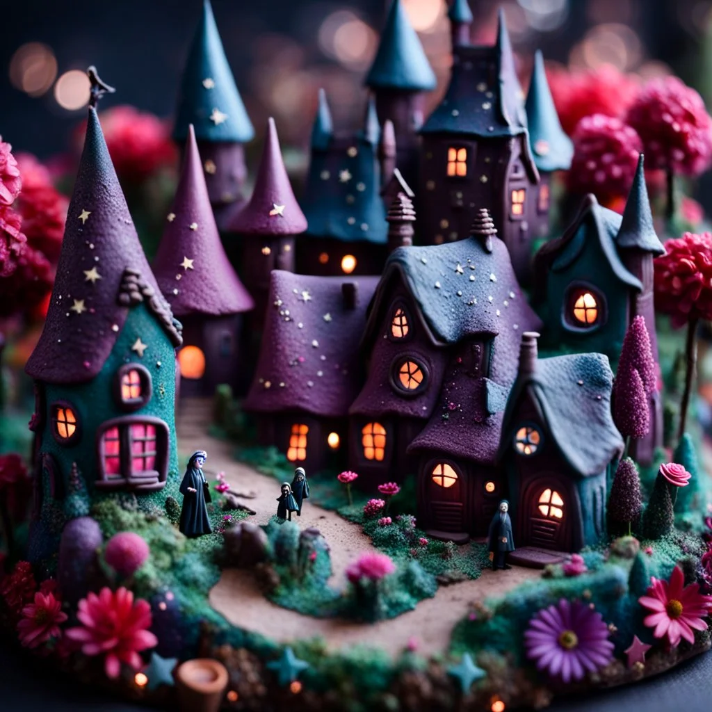 Detailed creepy odd village made of modeling clay, naïve, people walking, Tim Burton, flowers, stars and planets, Harry Potter, strong texture, extreme detail, decal, rich moody colors, sparkles, clean, bokeh, odd