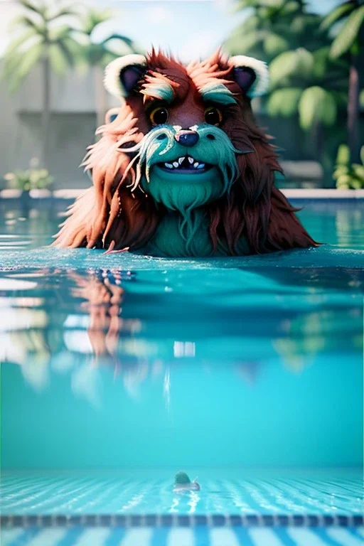 Realistic pool scene. big furry monster into water. Wes Anderson style. Red hair, smile, happy, gradient color fog. highly detailed, concept art, unreal engine 5, ray tracing, RTX, lumen lighting, ultra detail, volumetric lighting, 3d, finely drawn, high definition, high resolution.