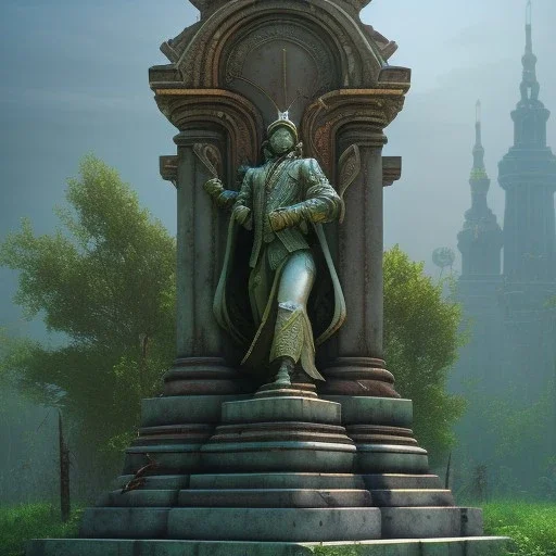 Monument, abandoned city centre, statue of human on top, look from distance, buildings visible whole statue, overgrown statue and monument, realistic, highly detailed