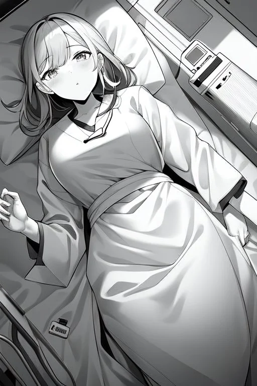 girl in bed, hospital patient room, greyscale