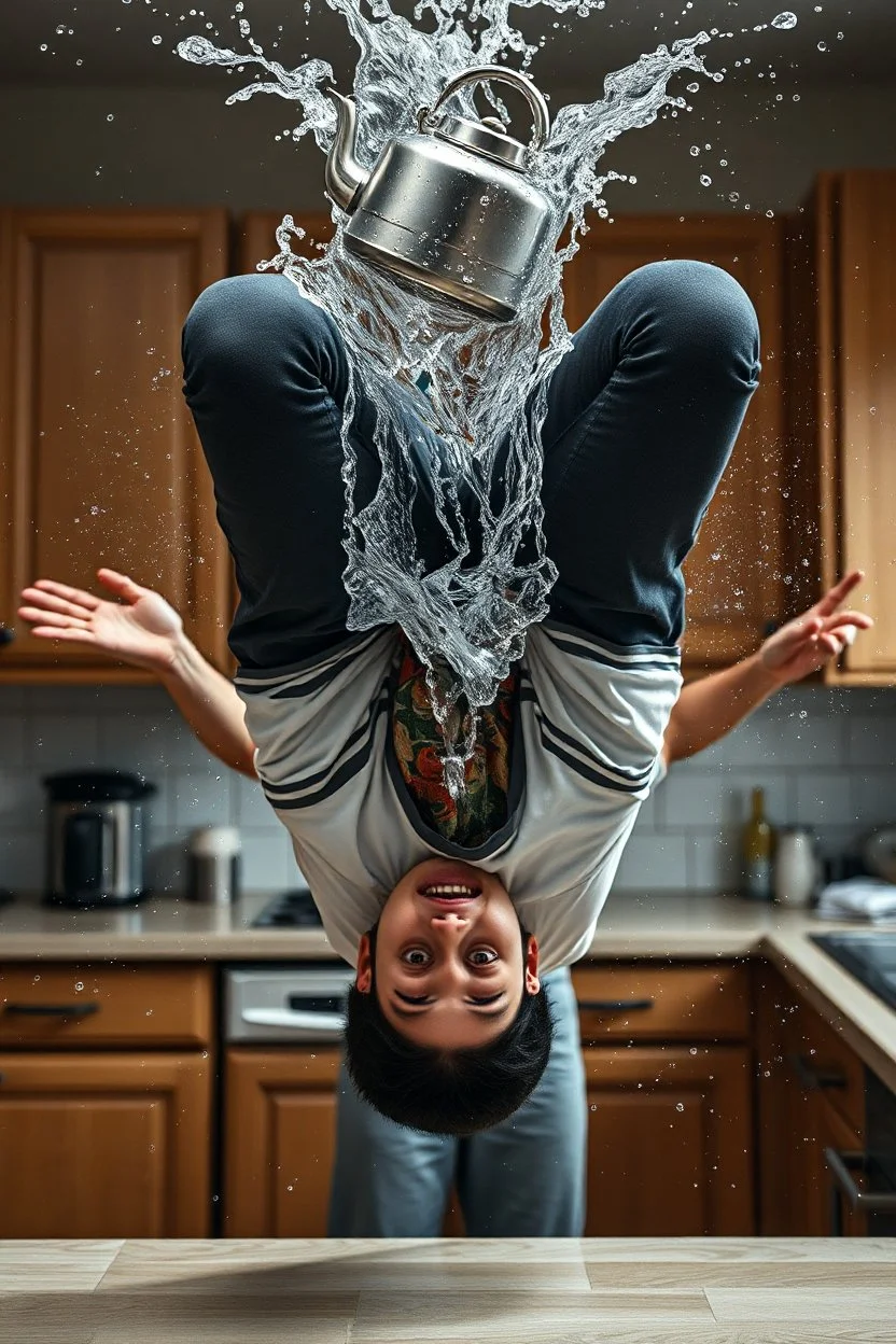 A surreal, action-packed kitchen scene frozen in time. A young man bends completely backward in an impossible pose, his face upside-down and wide-eyed in shock as a metal kettle full of water explodes mid-air above him, splashing in dynamic arcs of water droplets. The scene is captured in extreme slow motion with hyper-realistic liquid physics. Behind him, a woman in the kitchen appears to have thrown or accidentally launched the kettle, her hand still extended forward as if using telekinetic po