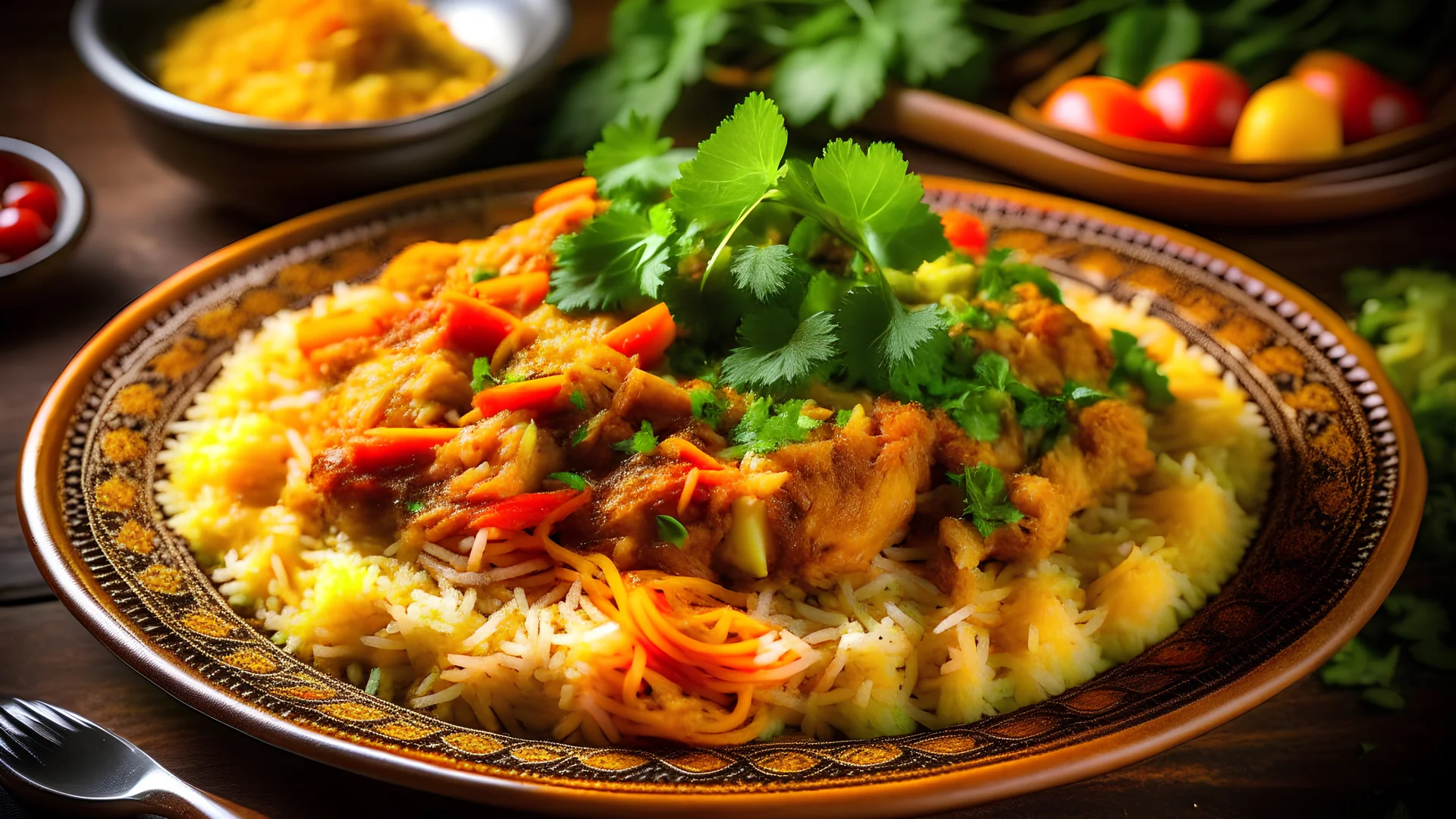 A vibrant and aromatic plate of biryani with saffron rice, tender chicken pieces, and colorful vegetables, garnished with fresh cilantro and crispy fried onions, presented on a traditional Indian plate