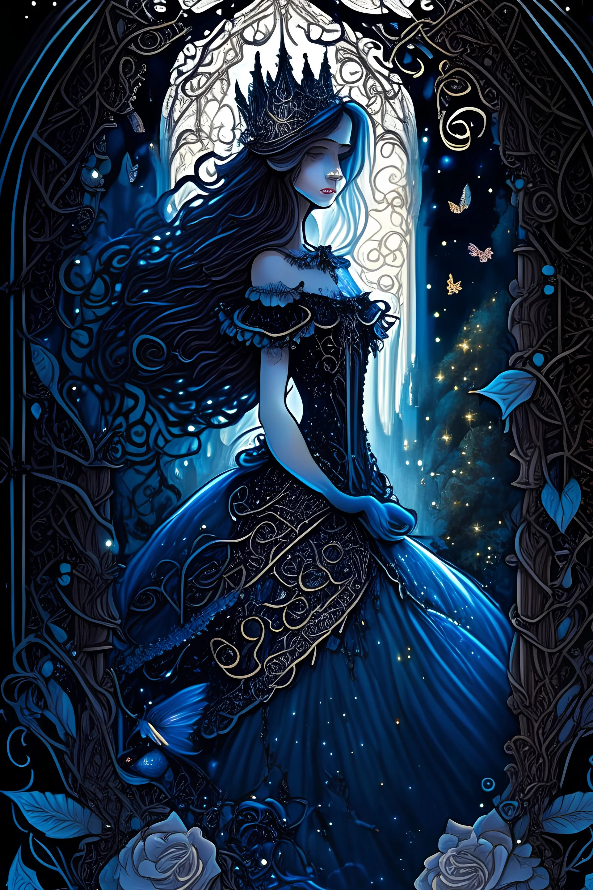 dark fantasy, intricate cover, a whimsical fairytale, princess with glass slipper