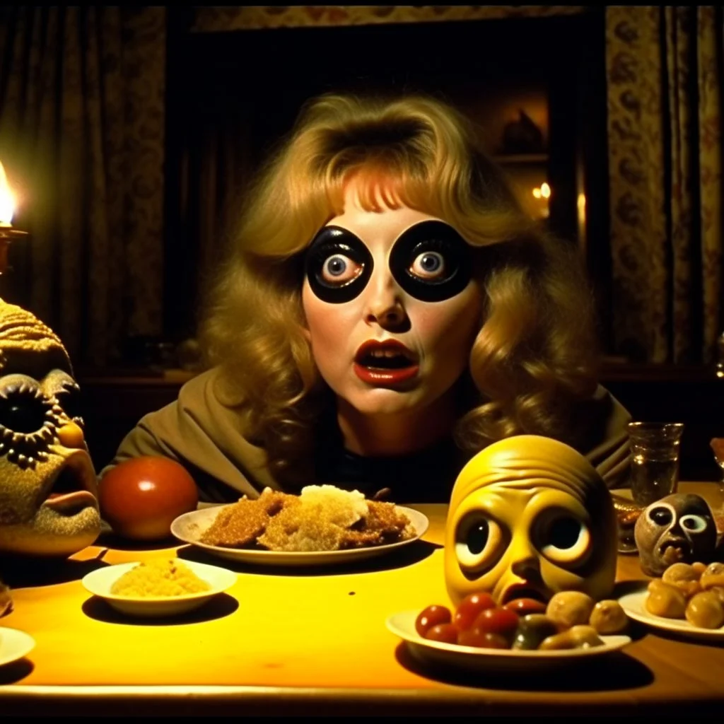 Spooky, ultra realistic distress, dining, ultra realistic hot woman, nose, giant eye on a table, organic hot bondes, dynamic, anguish, excited and lively scene, hypermaximalist figures, Creepy the Ring Alfred Hitchcock, Sam Raimi, insanely detailed, sinister, John Carpenter, Dario Argento, ornate