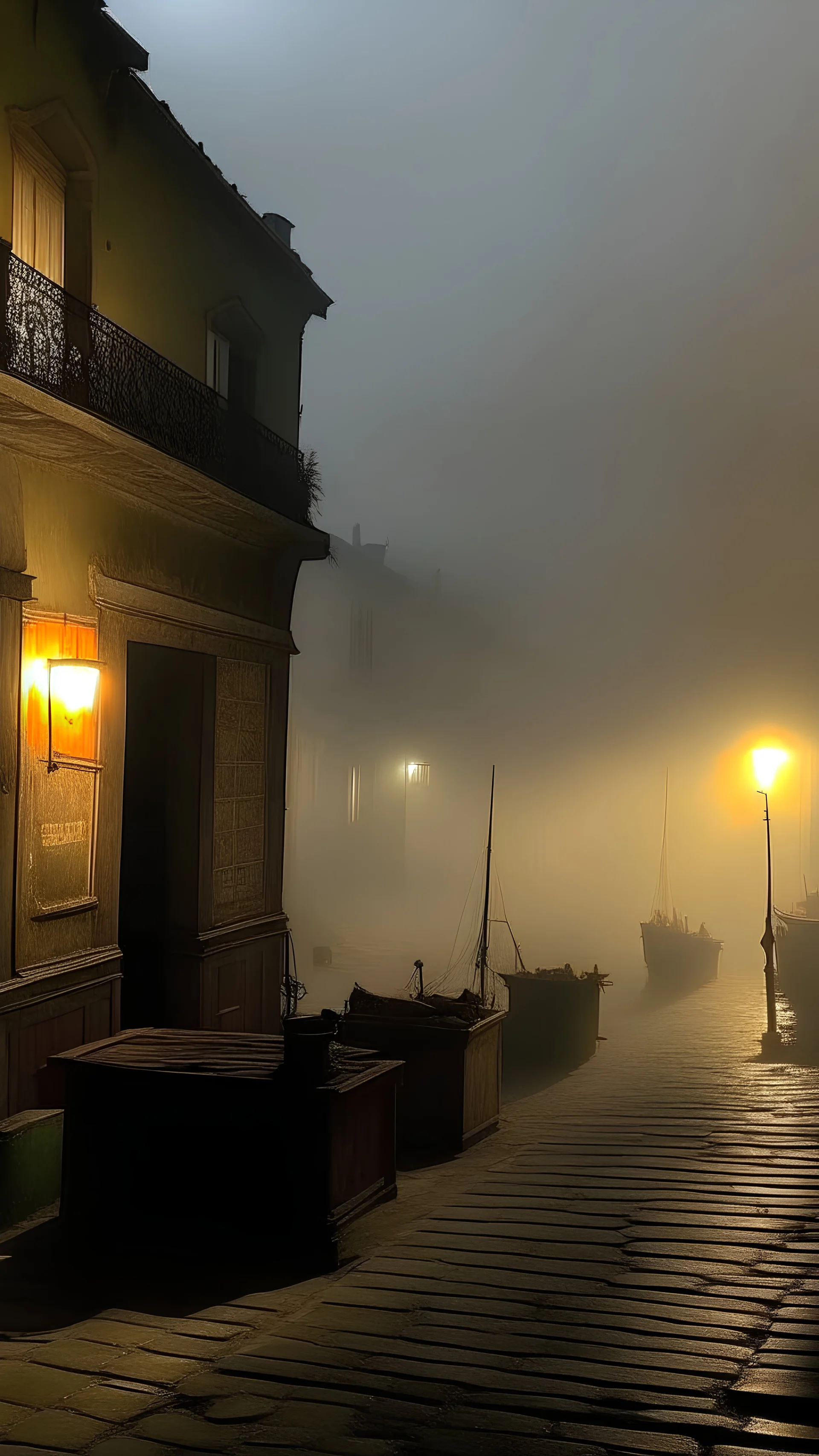 Qaitbay Citadel in Alexandria, fishermen’s boats anchored around it, fishermen putting fishing nets on their boats, fog covering the place, the moment the sun rises