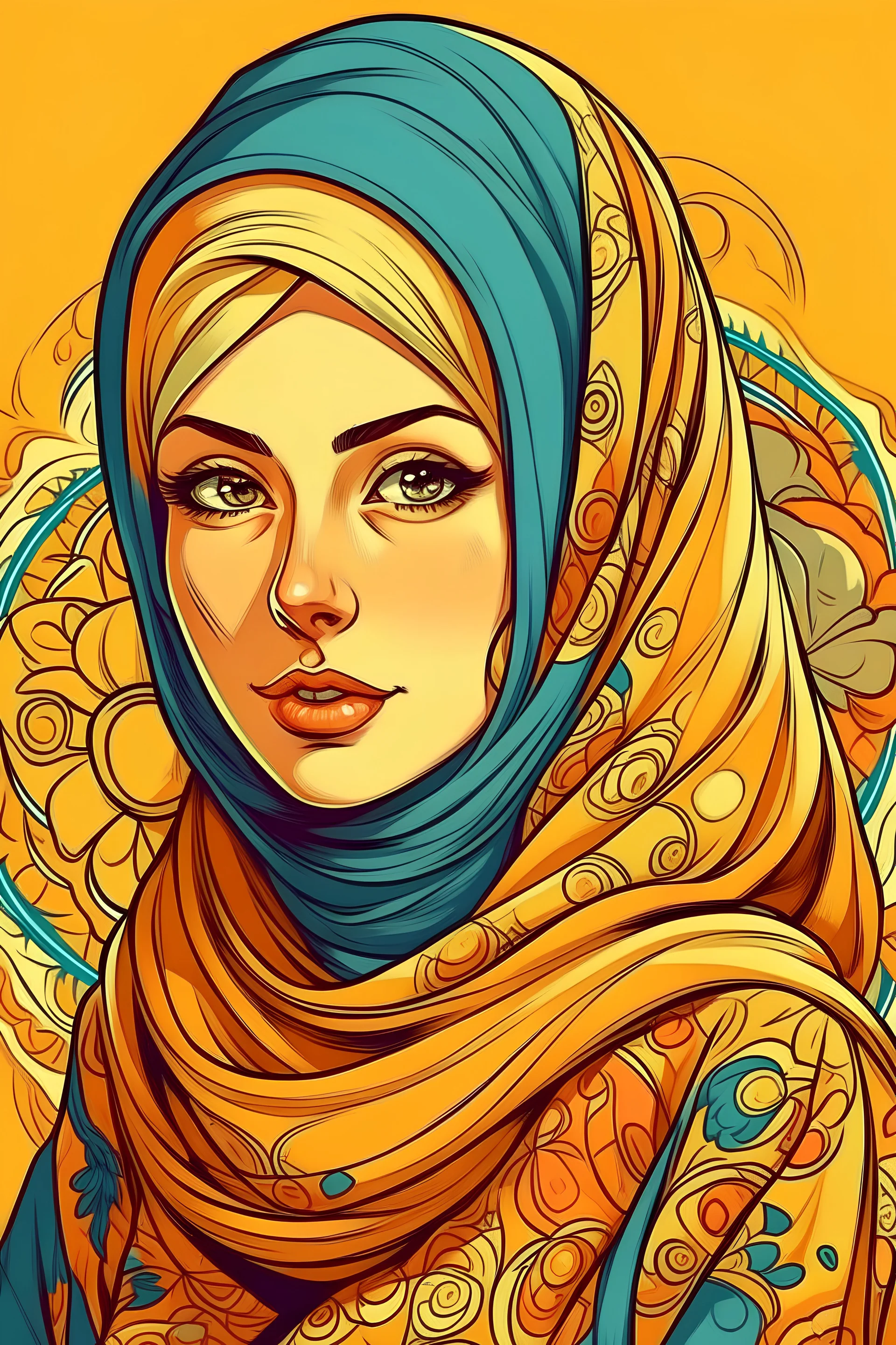 buatkan ilustrasi gambar perempuan berparas cantik menawan manis berhijab mempunyai hati yang mulia dia menunjukkan kekuatan dan prestasi sehingga membuat semua orang terpana