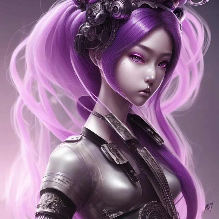 Detailed cute anime Kunoichi girl, purple hair buns, purple bangs, black latex bodysuit, intricate details, full body portrait, keep head in frame, slight smile, black Japanese motif, concept art, highly detailed, digital painting, concept art, sharp focus, illustration, art by Yoji Shinkawa, WLOP and greg rutkowski and alphonse mucha and artgerm and yanjun Chen and Junji ito and Makoto Shinkai, HDR, octane render