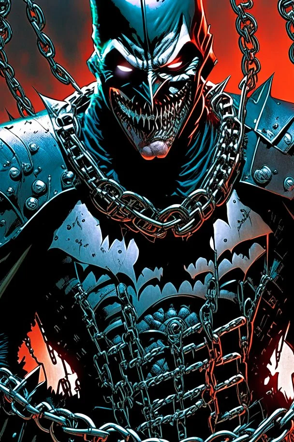 a close up of a person holding chains, the batman who laughs, jason fabok. greg staples, arkham city, gabriele dell'otto, joker wearing vader's armor suit, by Ryan Stegman, joker wearing vader's armor, david tennant as spawn, as illustrated in top cow comics, grotesque joker, venomized, jason fabok