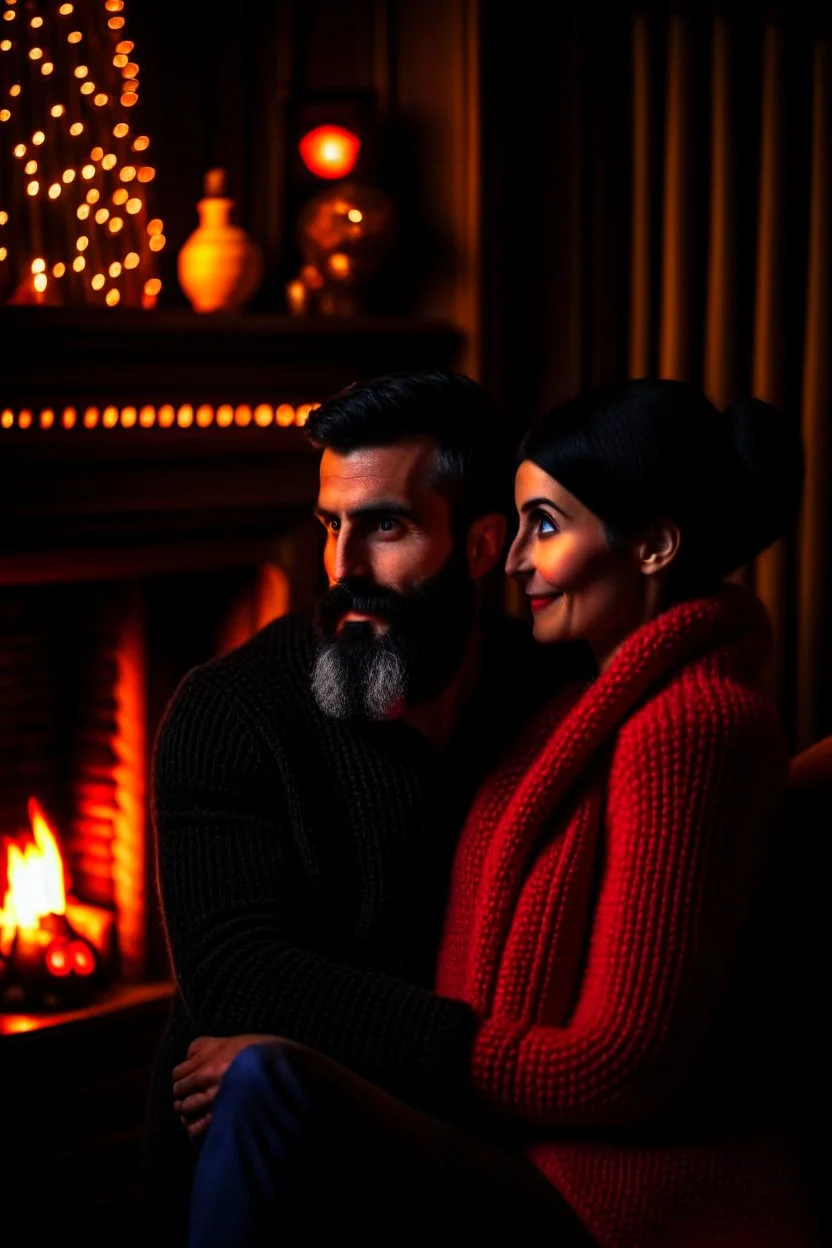 Fire place Christmas scene, dark haired couple, man with short black beard, blue eyes, cozy, young couple, high definition, graphic