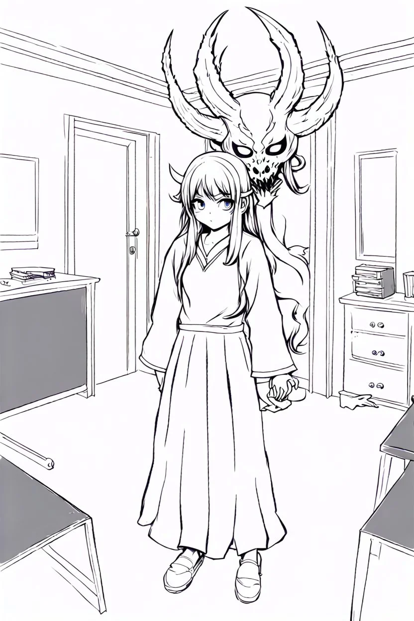 girl with demon mask in the middle of the room., line arts, manga style